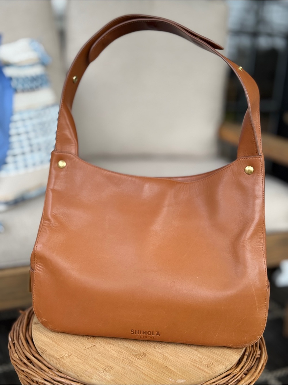 Shinola Cognac Leather Shoulder Bag with Gold Hardware